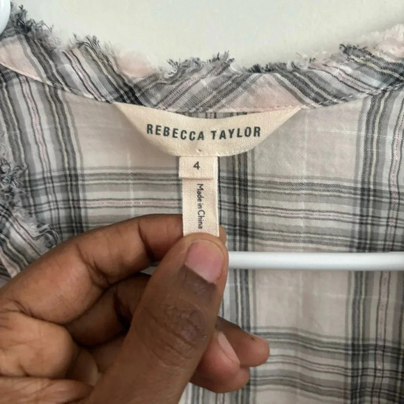 Rebecca Taylor 1/2 button up lightweight plaid raw neck shirt grey / white 4 - Picture 5 of 5